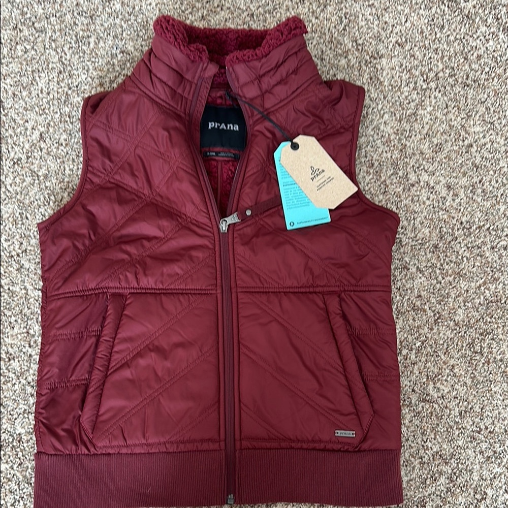Prana cranberry Puffer Vest with High Collar and Zipper